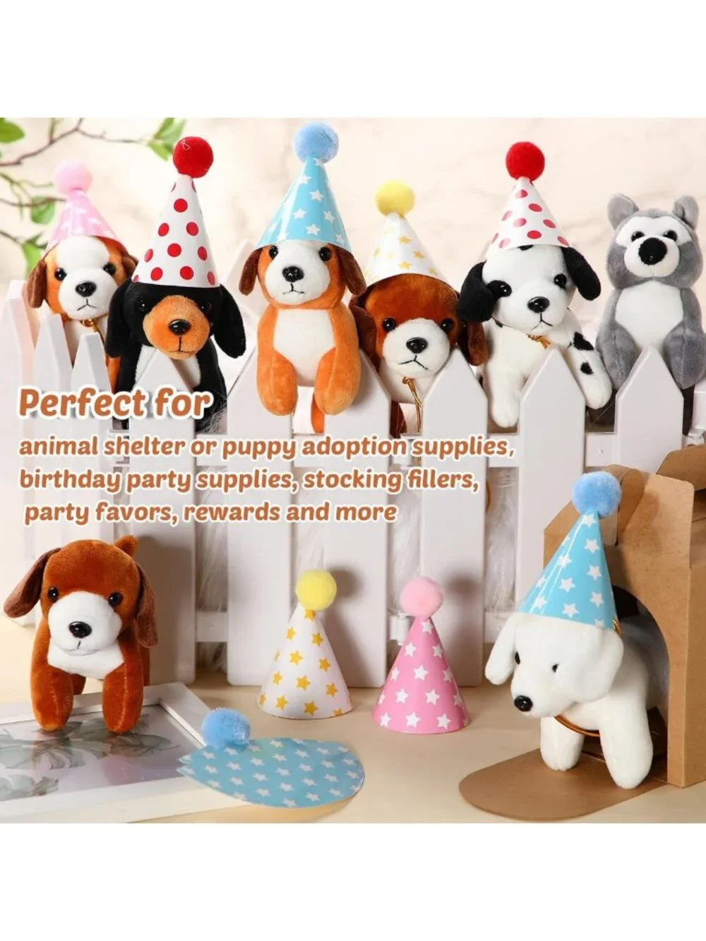 12 Mini Plush Dog Stuffed Animals Set with Birthday Hats & Gift Boxes - Party